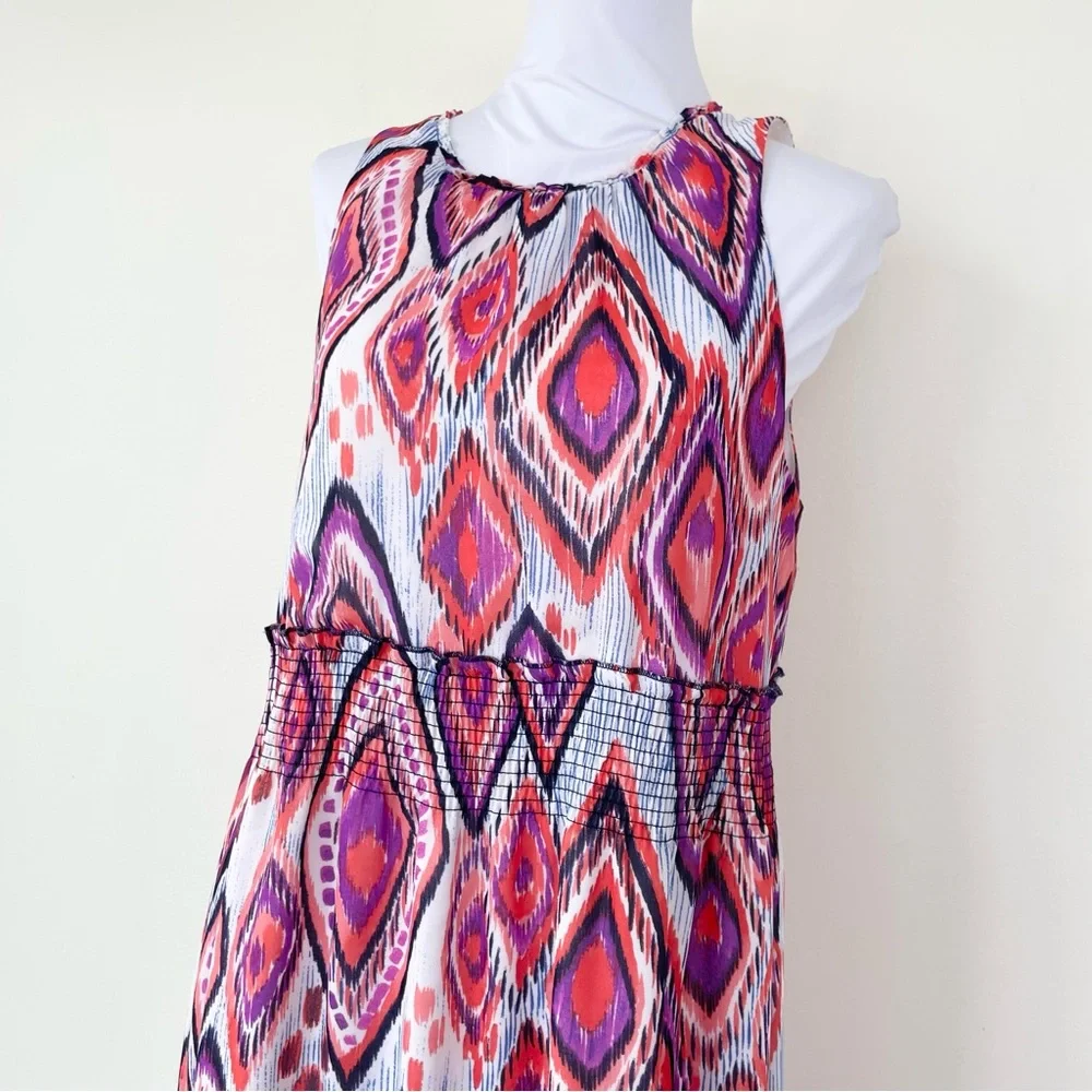 Trina Turk Mao Printed Purple Pink Smocked Midi Dress Mock Neck Sleeveless 4